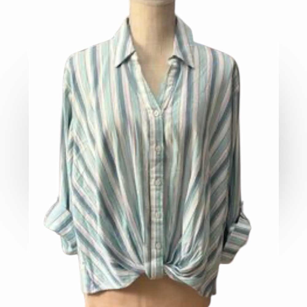 Chico’s Blue Striped Roll-up Front Tie Shirt Top Sz 1 (8)